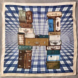 Hermès H en Voyage 100% Silk Scarf 66cm Blue Brown Tan Suitcases